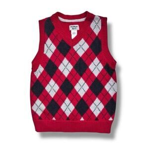 OshKosh B’gosh Boys Sweater Vest 4T Red Cotton Knit Argyle Pullover Sleeveless